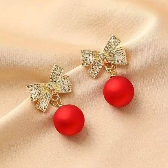 Christmas Ornament Earrings, Red Ornament and Bow Earrings, Christmas Earrings - Picture 1 of 2